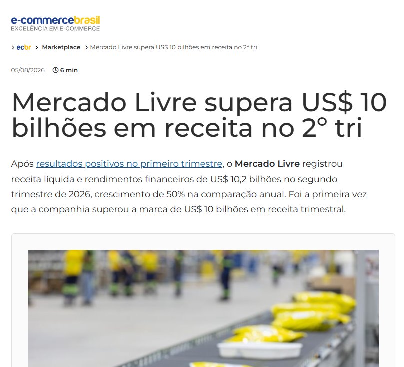 Print da E-Commerce Brasil: Mercado Livre supera US$ 10 bilhões em receita no 2º tri