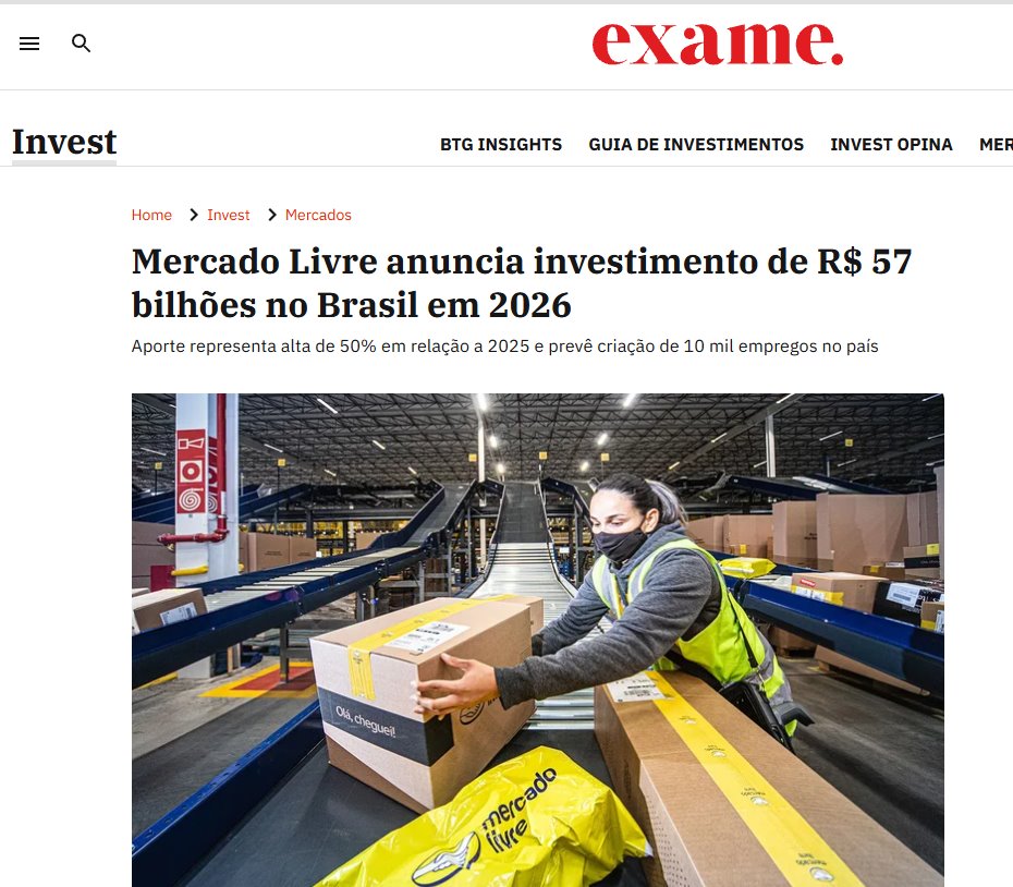 Print da Exame: Mercado Livre anuncia investimento de R$ 57 bilhões no Brasil em 2026