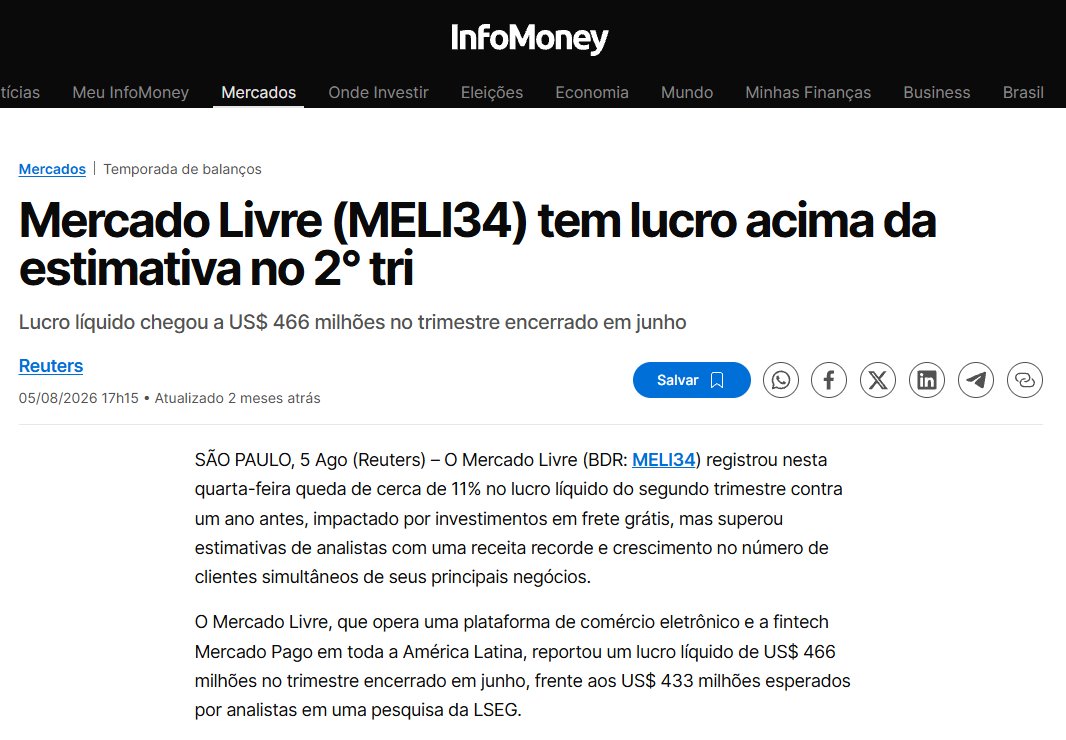 Print da InfoMoney: Mercado Livre (MELI34) tem lucro acima da estimativa no 2º tri